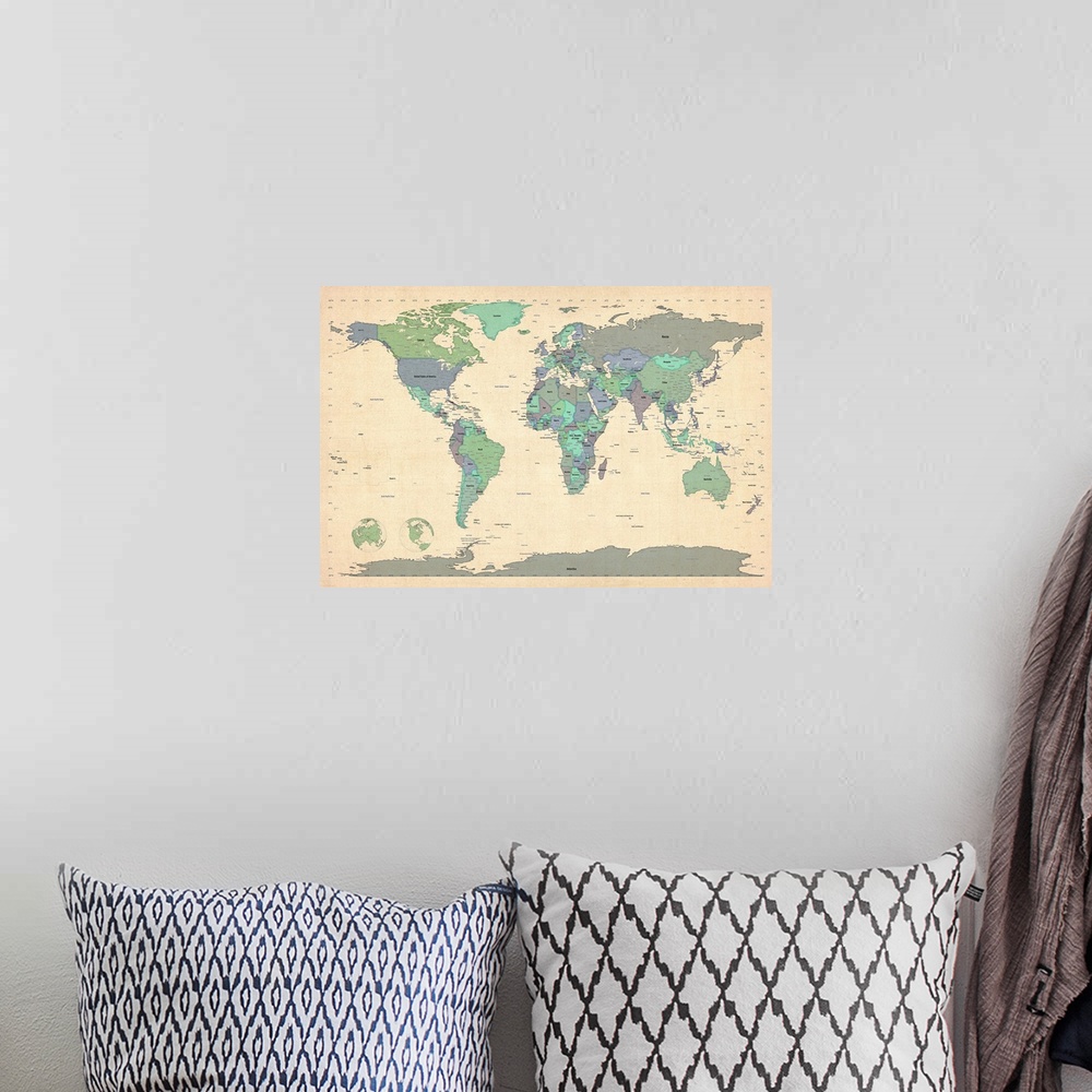 A bohemian room featuring Map of the world showcasing continental and state boundaries, as well as oceans, with grid lines.