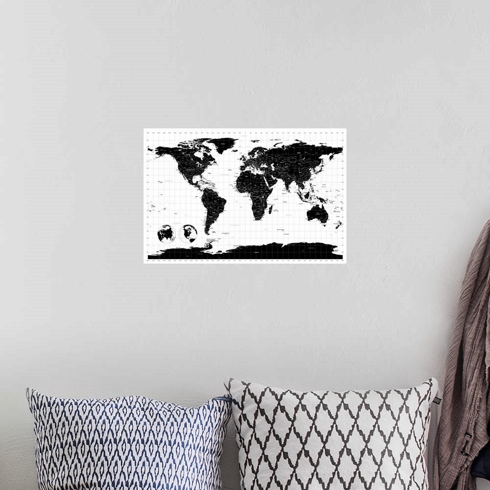 A bohemian room featuring Horizontal, large wall hanging of the world map in black, on a white background, with longitude a...