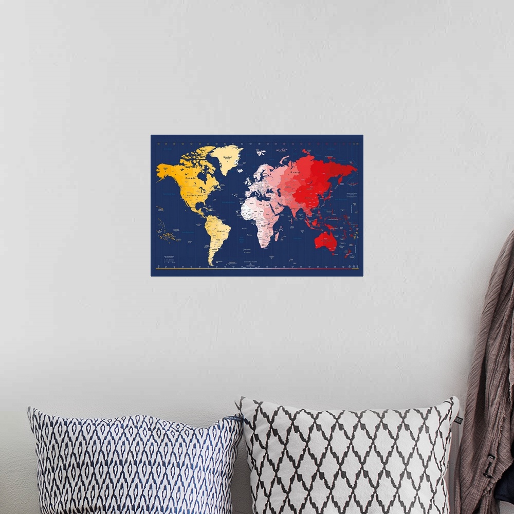 A bohemian room featuring Horizontal, oversized art of a world time zone map on a solid background.