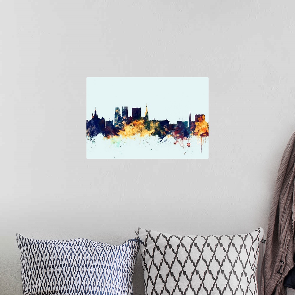 A bohemian room featuring Dark watercolor silhouette of the York city skyline against a light blue background.