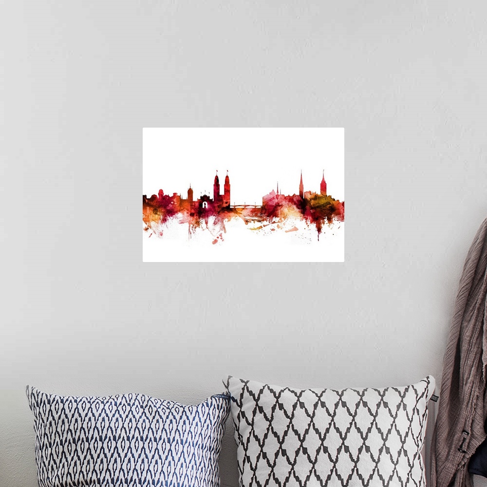 A bohemian room featuring Watercolor art print of the skyline of Zurich, Switzerland in warm tones.