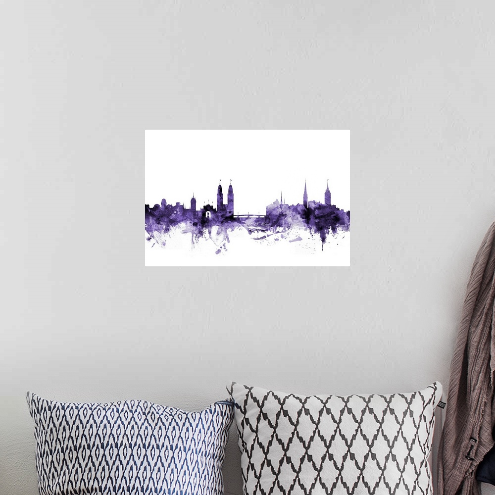 A bohemian room featuring Watercolor art print of the skyline of Zurich, Switzerland in purple.