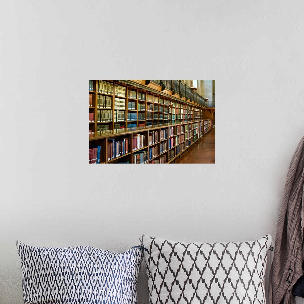 A bohemian room featuring USA, NY, NYC: books shelves inside Public Library main readers' room