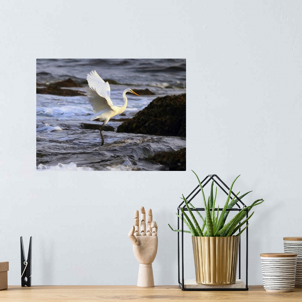 A bohemian room featuring A great egret dances on the waves at Cypress Point in Pebble Beach. Its radiant warm colors compl...