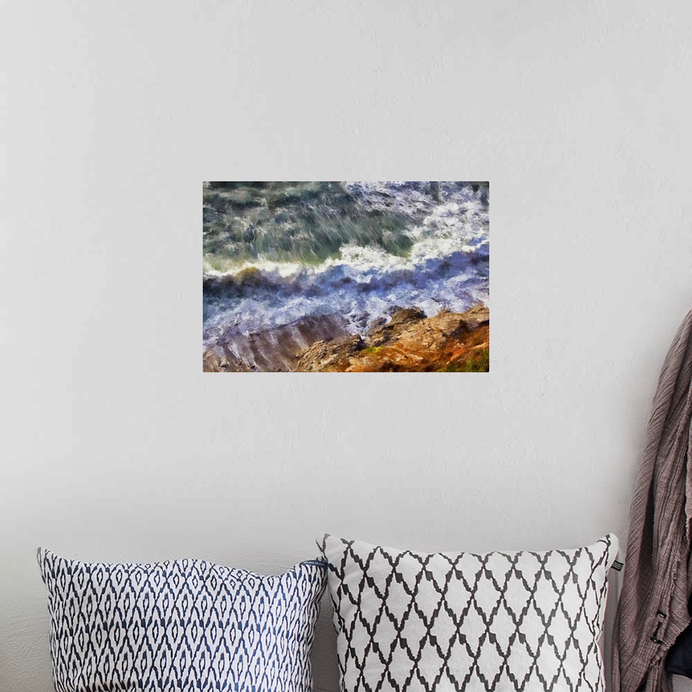 A bohemian room featuring A view of a crashing wave from a cliff in the Big Sur Headlands. Acclaimed artist Michael Lynberg...