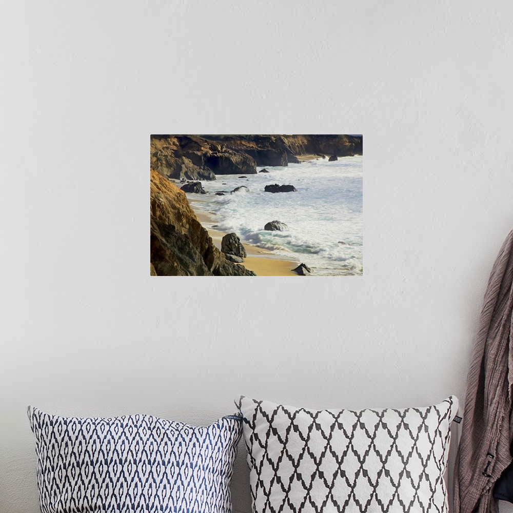 A bohemian room featuring Gentle waves reach the bluffs at Garrapata Beach in Big Sur, their cool colors complementing the ...