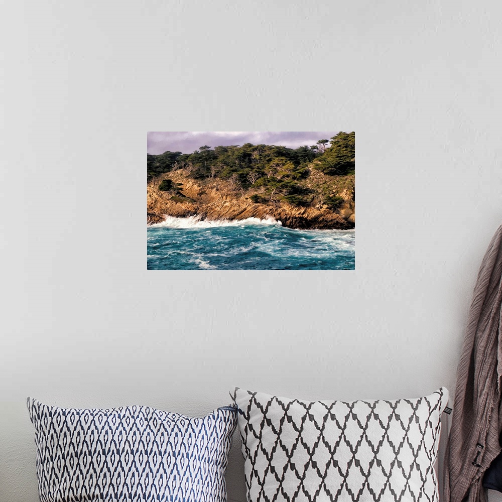 A bohemian room featuring Waves crash upon granite cliffs amid the dynamic beauty of the Point Lobos Sate Reserve, often ca...