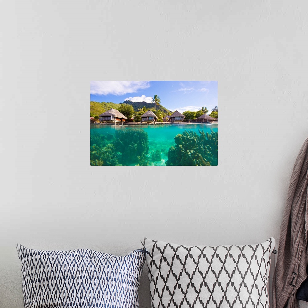 A bohemian room featuring Giant coral heads just offshore of a resort with over-water bungalows.