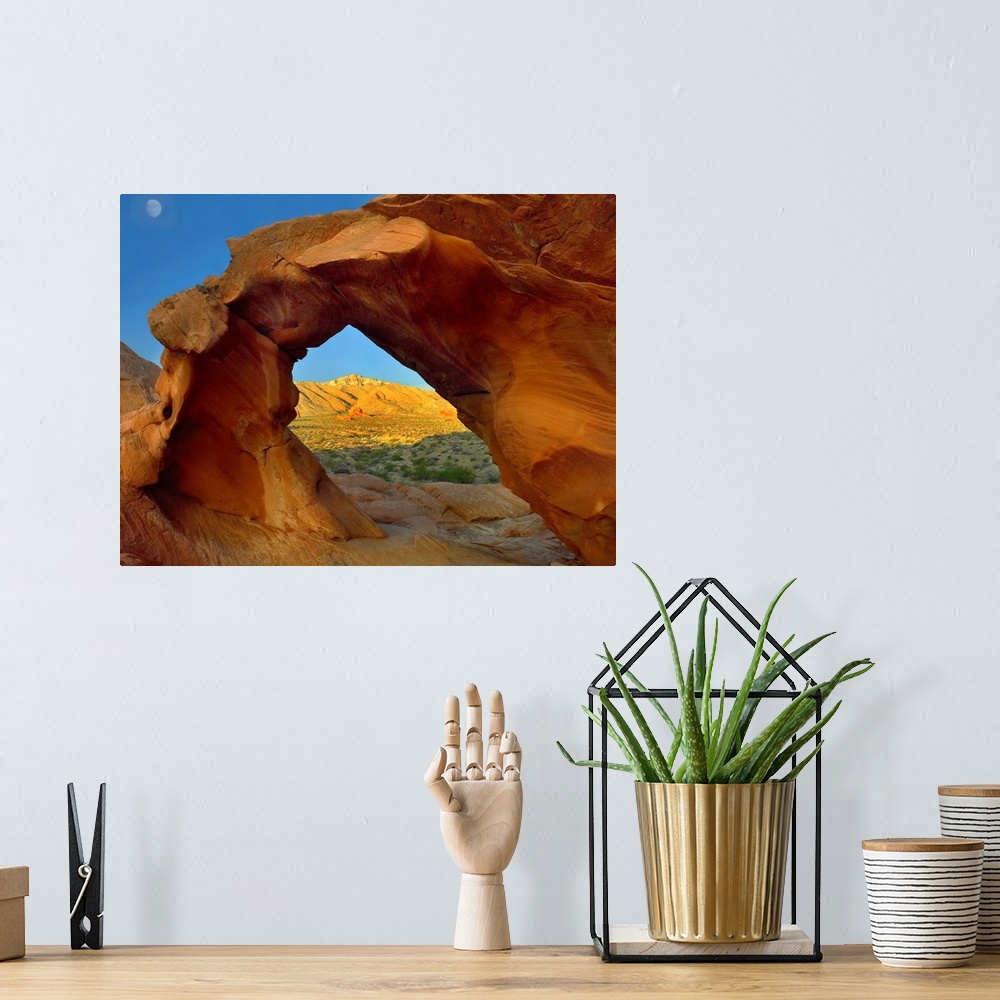 A bohemian room featuring Arch Rock and moon, Valley of Fire State Park, Nevada