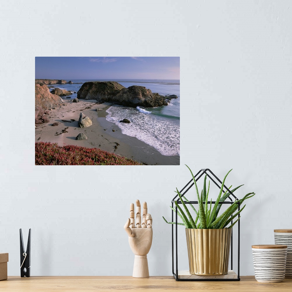 A bohemian room featuring Beach near San Simeon Creek with ice plant in the foreground, Big Sur, California