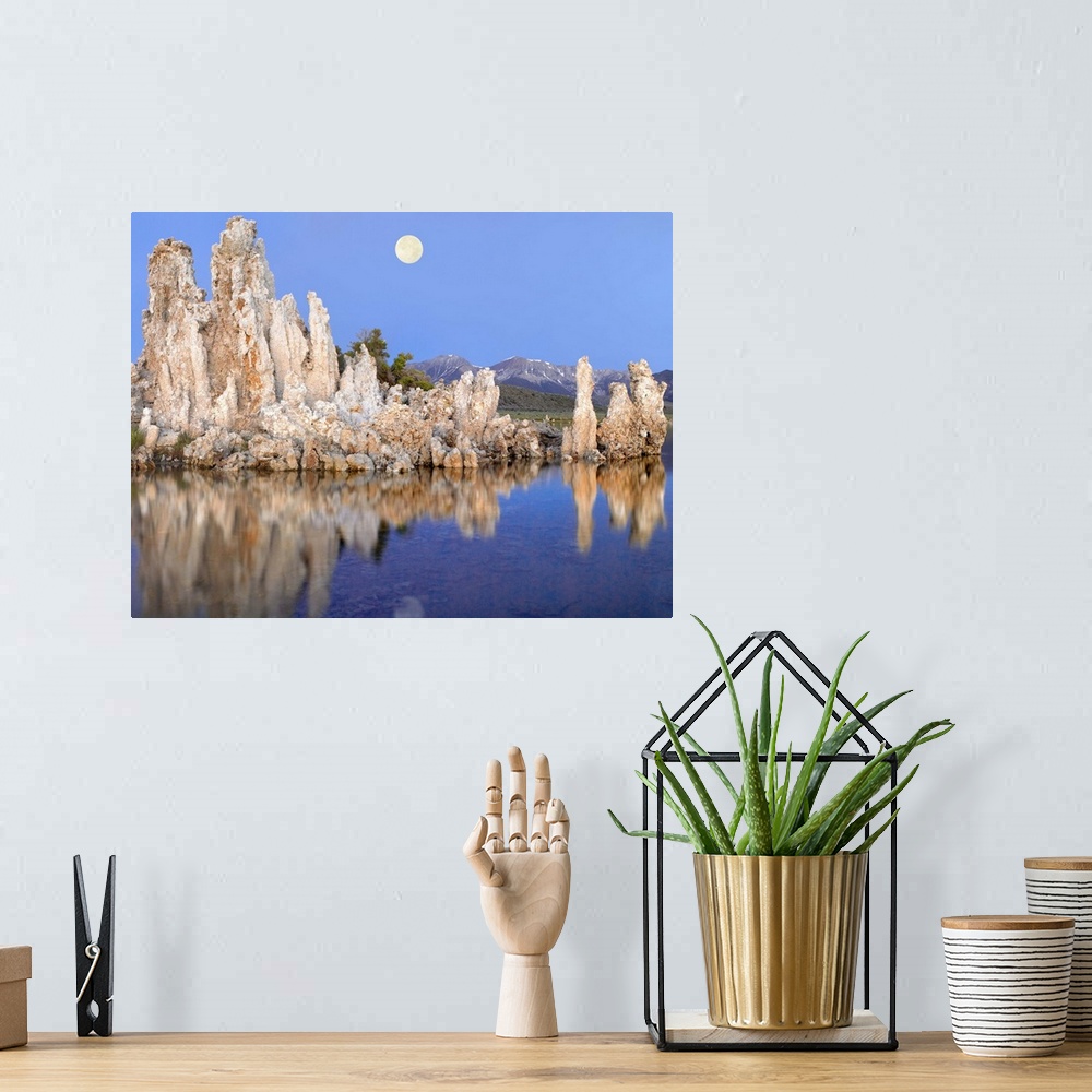 A bohemian room featuring Full moon over Mono Lake with wind and rain eroded tufa towers and the eastern Sierra Nevada Moun...