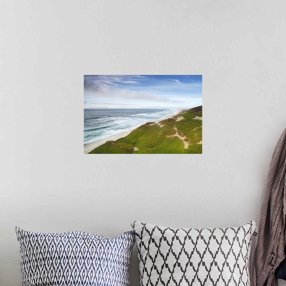 A bohemian room featuring Ice plant covering sand dunes along coastline, Sand City, Monterey Bay, California