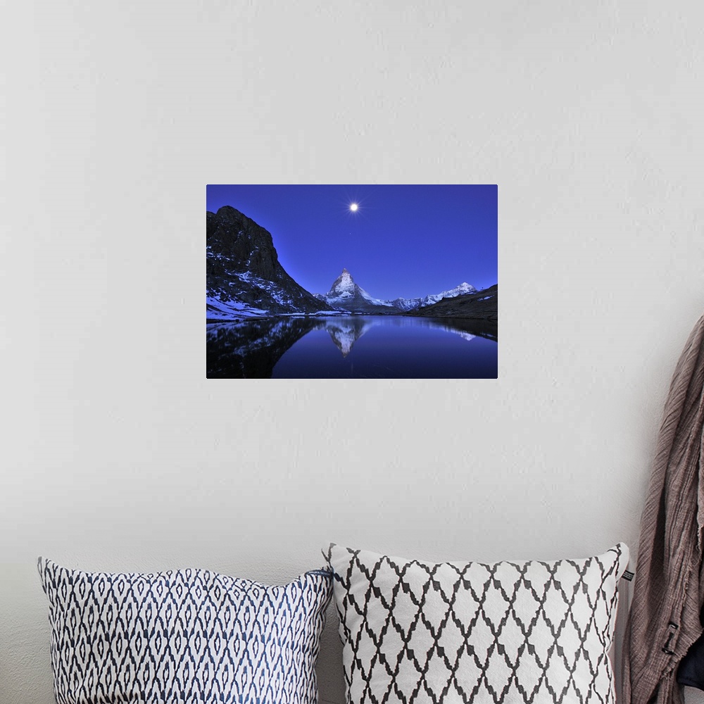 A bohemian room featuring Matterhorn - with reflection - Riffelsee - at night - full moon - before sunrise - Switzerland