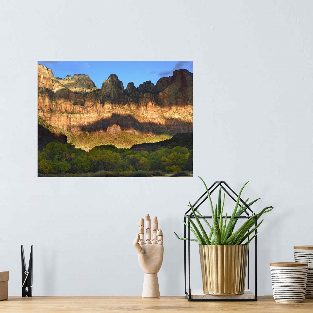 A bohemian room featuring Picture taken of giant cliffs that have cloud shadows covering part of it and a line of trees on ...