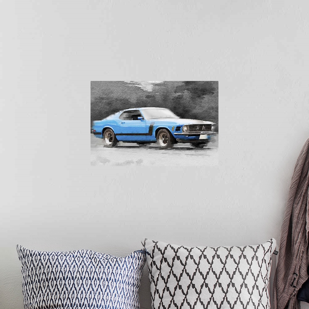 A bohemian room featuring 1970 Ford Mustang Boss Blue Watercolor