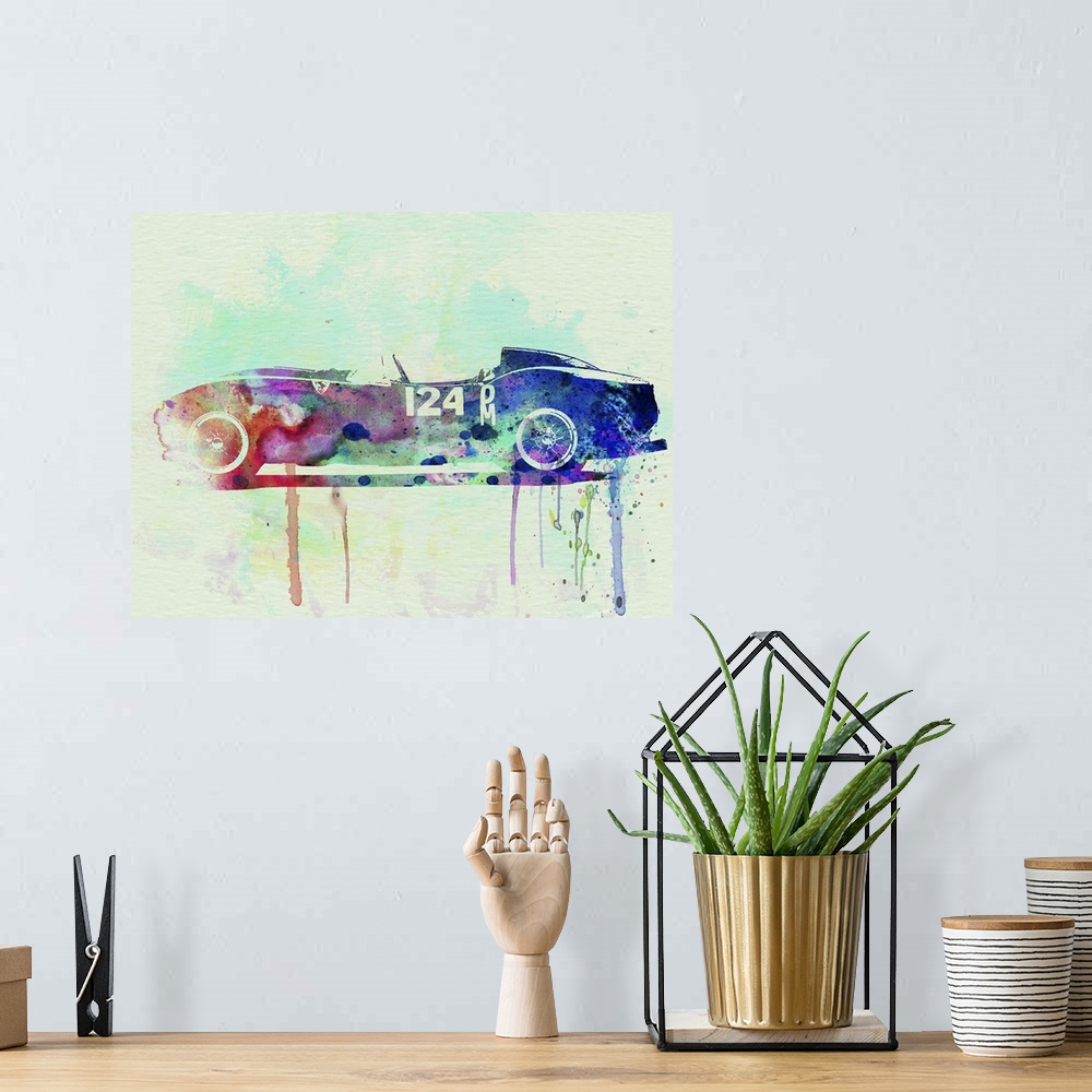 A bohemian room featuring Watercolor painting of a vintage Ferrari racing car with paint splatters and drips coming from th...