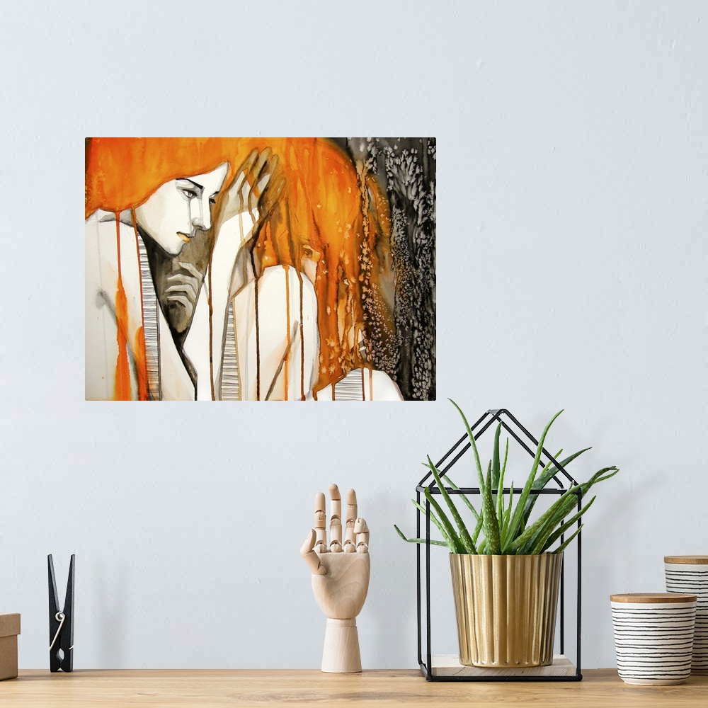 A bohemian room featuring Contemporary watercolor portrait of a woman with bright orange hair.