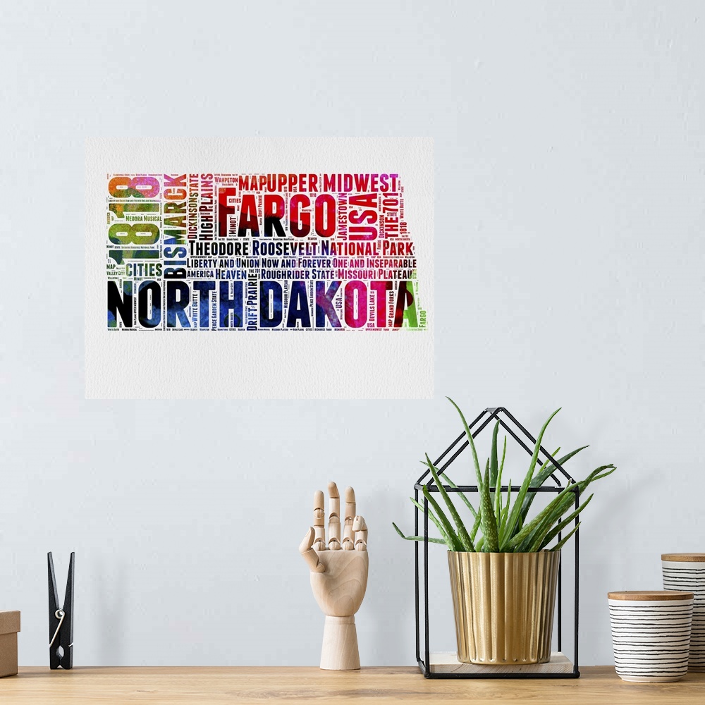 A bohemian room featuring Watercolor typography art map of the US state North Dakota.