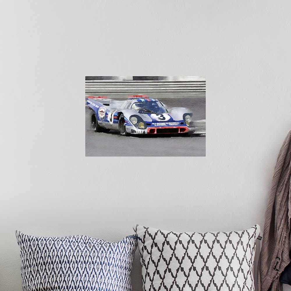 A bohemian room featuring Porsche 917 Martini Rossi Watercolor