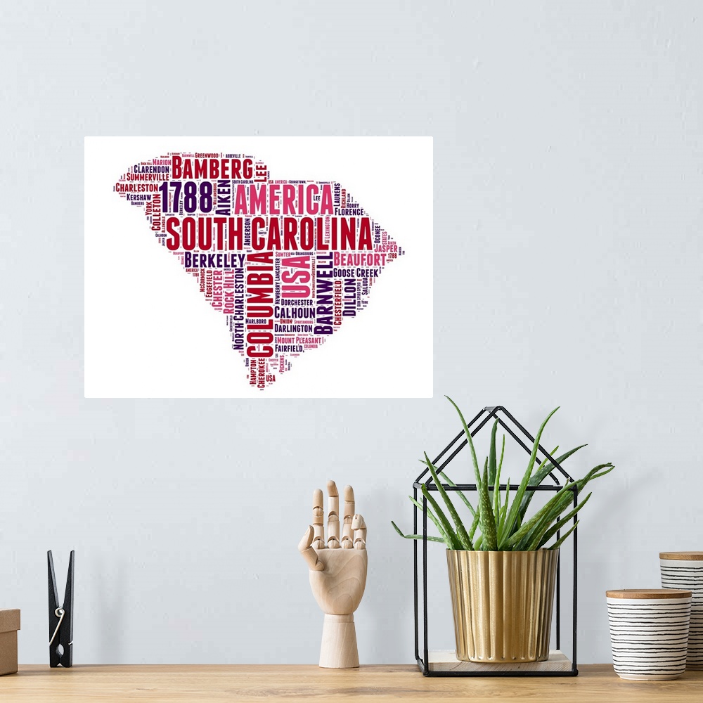 A bohemian room featuring Typography art map of the US state South Carolina.