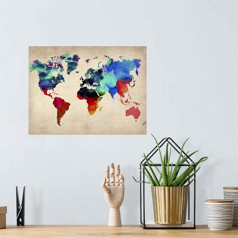 A bohemian room featuring World Watercolor Map I