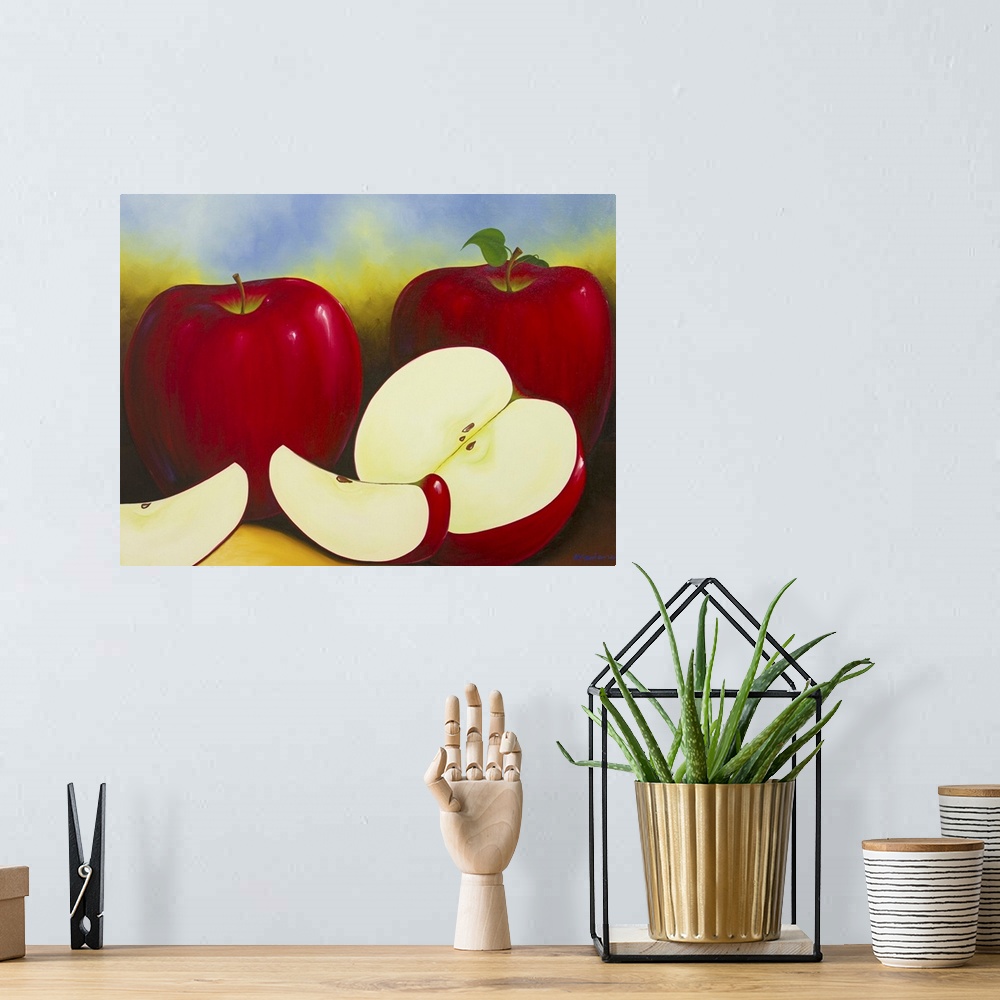 A bohemian room featuring Luscious red apples sit before a background of dappled blue. Realistically depicted, freshly cut ...