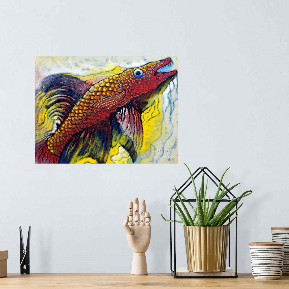 A bohemian room featuring A colorful fish leaps from the water, bright fins flowing gracefully in a wish for flight. A favo...