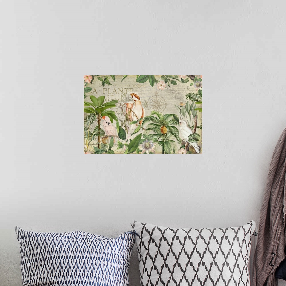 A bohemian room featuring Vintage style collage with cockatoo birds and tropical plants.