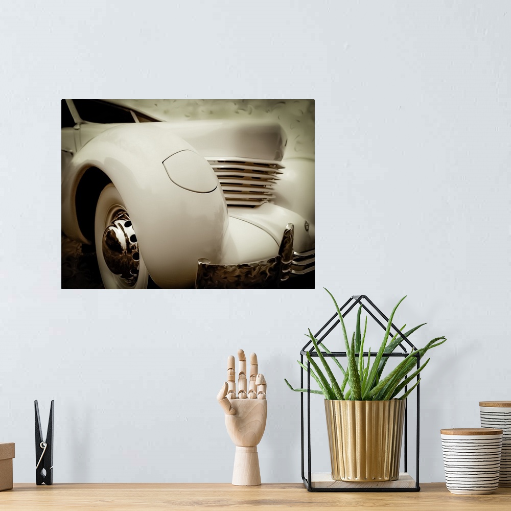 A bohemian room featuring Artistic photograph of a vintage car.