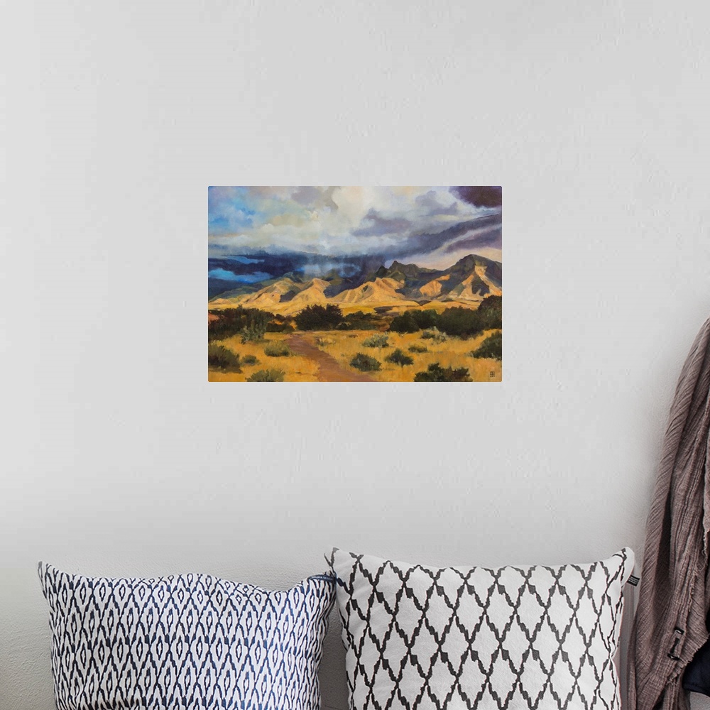 A bohemian room featuring Contemporary painting of an idyllic desert landscape with dark clouds hovering overhead.