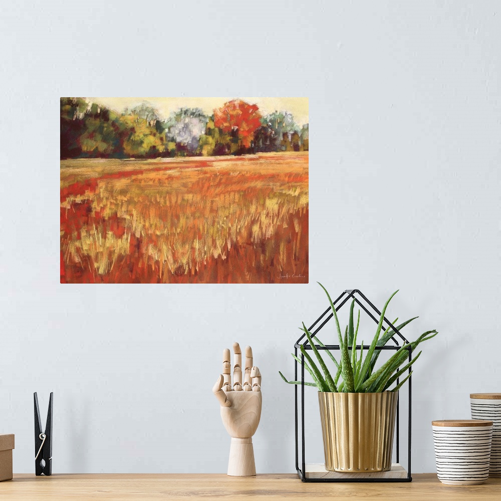 A bohemian room featuring Contemporary painting of golden field of grass in the countryside.