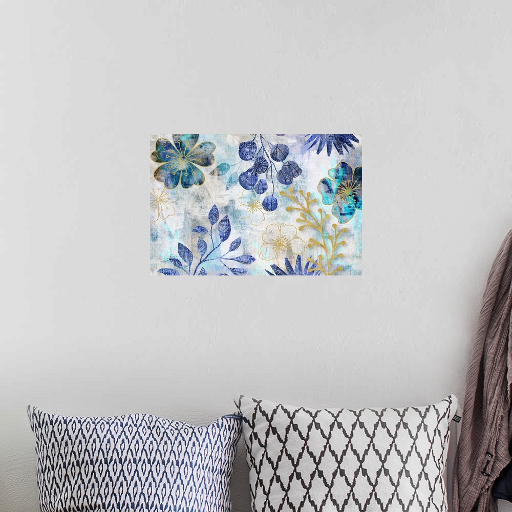 A bohemian room featuring Botanical mixed media art with blue turquoise flower and leaf shapes with golden line art.