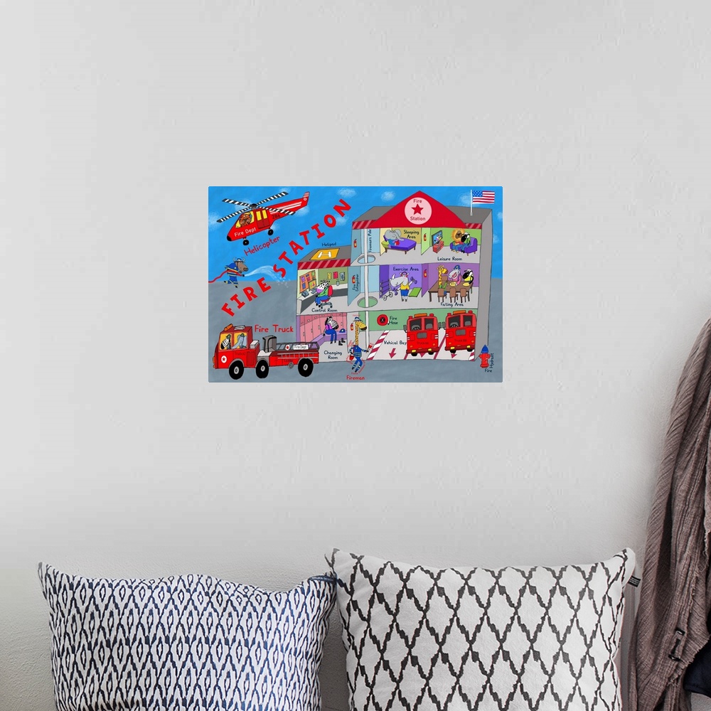 A bohemian room featuring Illustration of fire station and firemen at work. Created by artist Carla Daly.