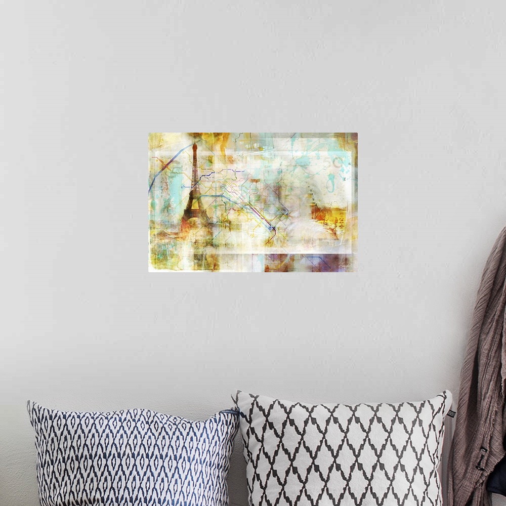 A bohemian room featuring This contemporary colorful artwork of the Eiffel tower and Paris map bring vibrancy to any room.