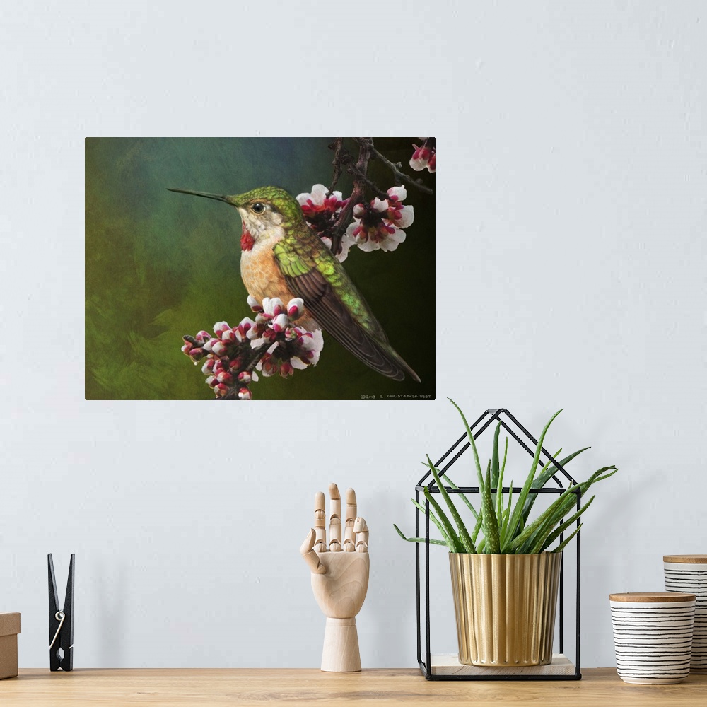 A bohemian room featuring Contemporary artwork of a hummingbird perched on a tree branch.