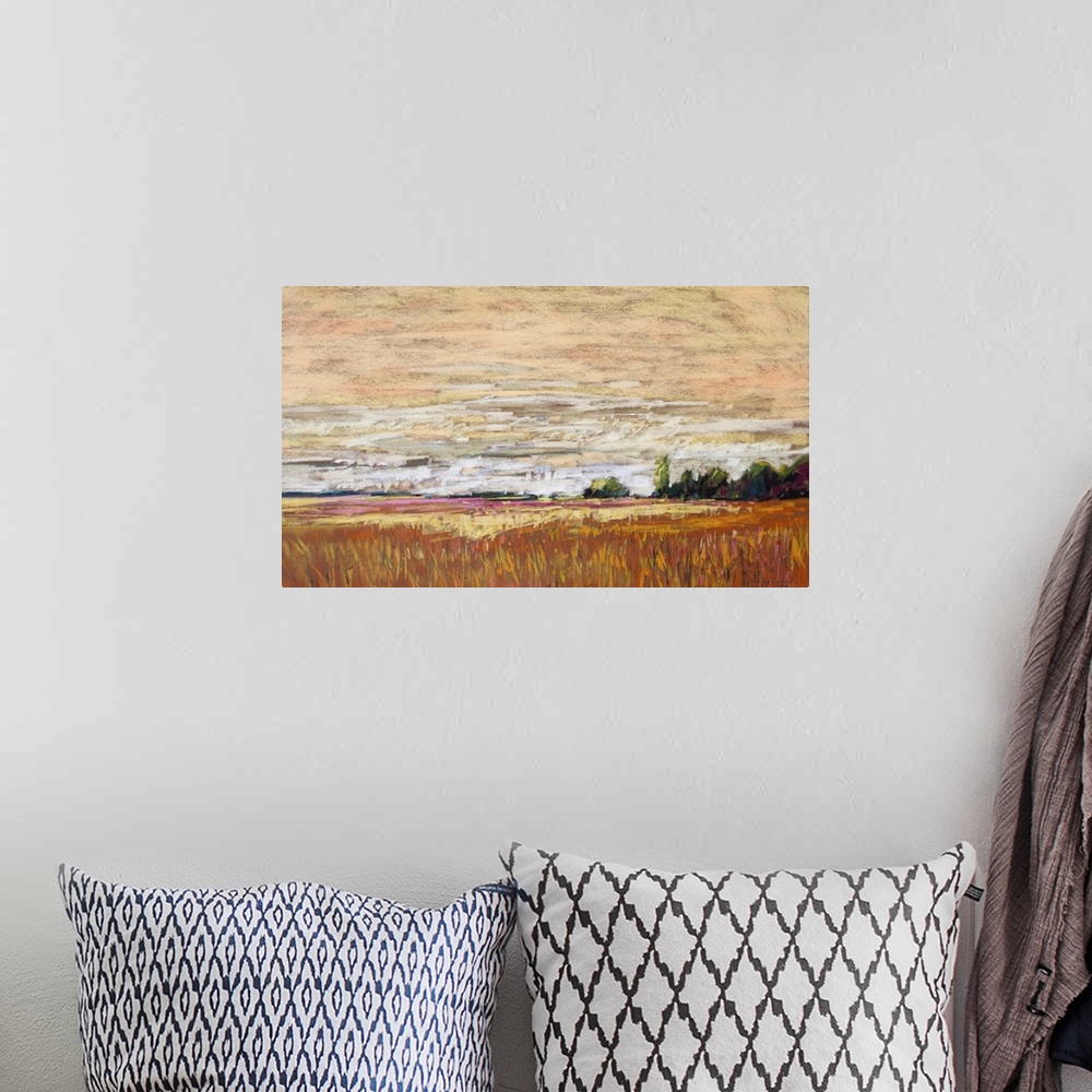 A bohemian room featuring Pastel landscape painting of pastoral countryside with trees, fields and clouds.