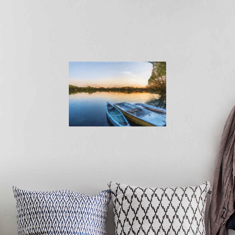 A bohemian room featuring Coastal boats landscape painting.