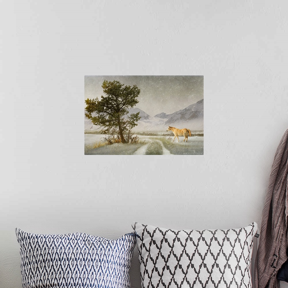 A bohemian room featuring Contemporary artwork of a lone horse standing beside a dirt road.