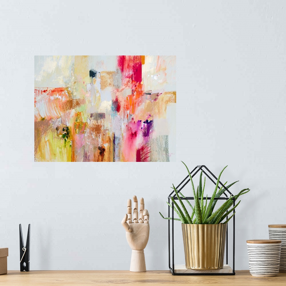 A bohemian room featuring Contemporary abstract art, originally in acrylic and watercolor, of angular shapes in red and yel...