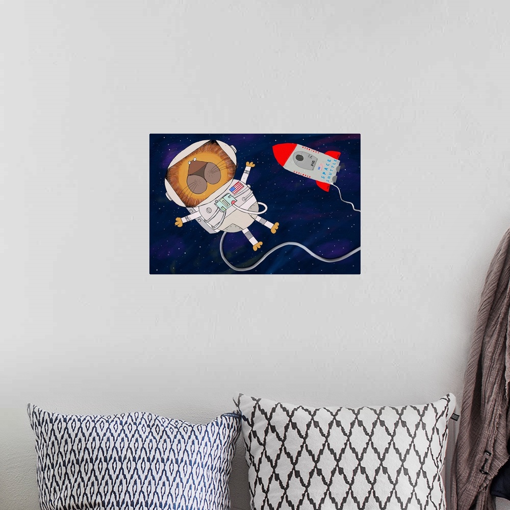A bohemian room featuring Illustrated art of spaceman and spaceship by artist Carla Daly.
