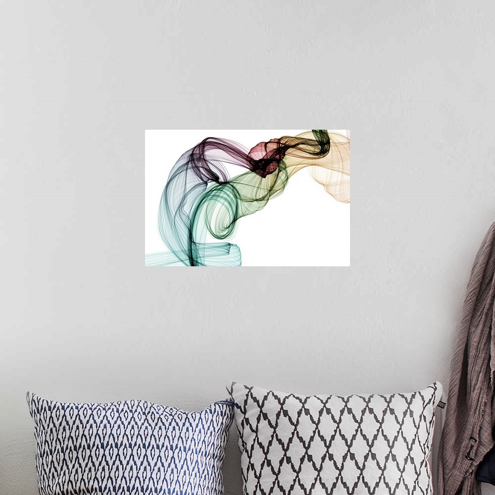 A bohemian room featuring Abstract artwork created by swirling and flowing vapor.