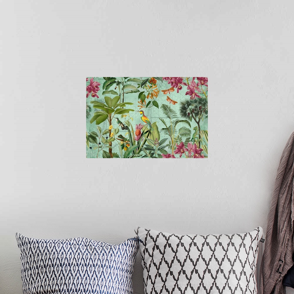A bohemian room featuring Vintage style illustration with exotic birds and tropical plants across historic map.