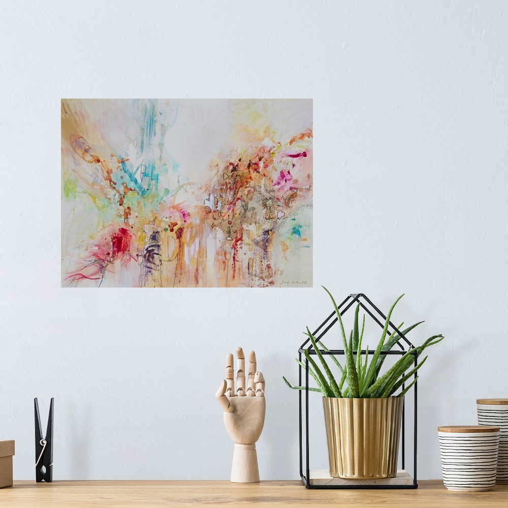 A bohemian room featuring Mixed media abstract on card with pastel, watercolor ink and metallics.