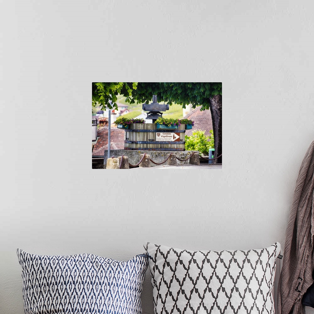 A bohemian room featuring A photograph of a vintage grape press at a vineyard.