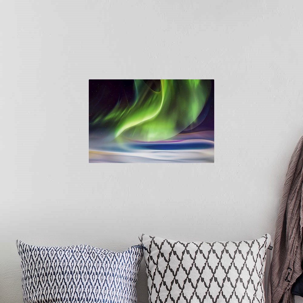 A bohemian room featuring Abstract interpretation of what an aurora borealis (the Northern Lights) looks like. This is a re...