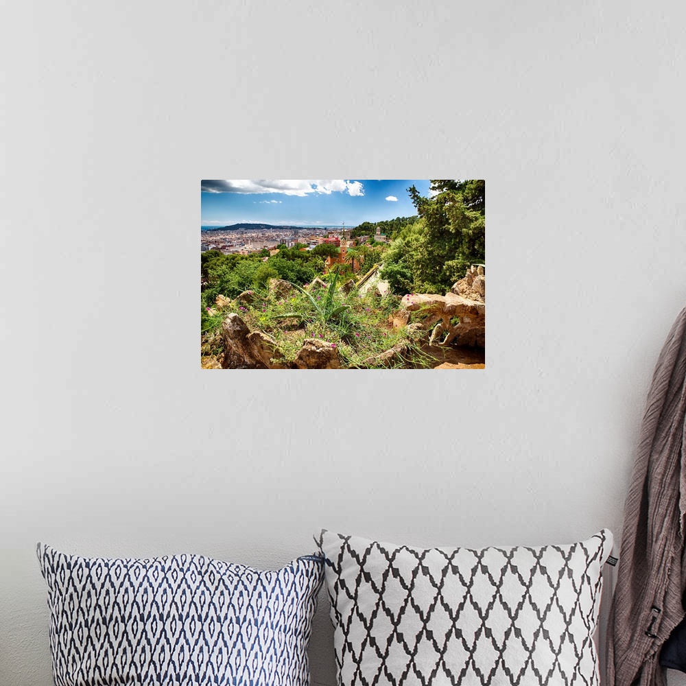 A bohemian room featuring High Angle View of Barcelona from Park Guell, Catalonia, Spain