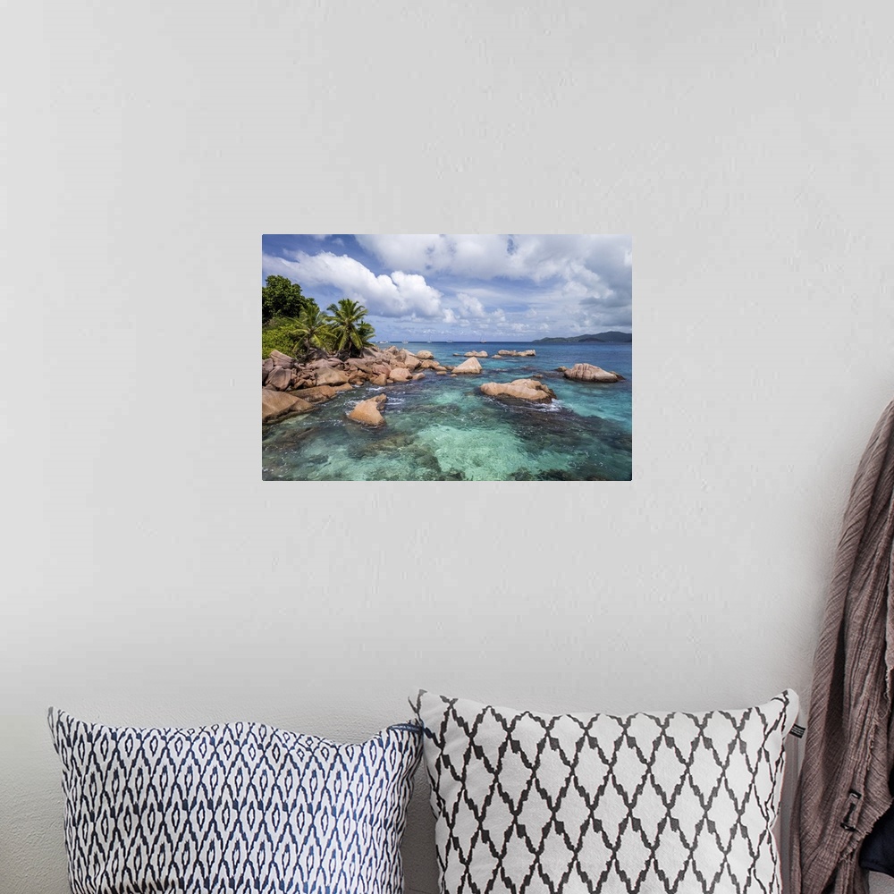 A bohemian room featuring An aerial image of La Digue, a small island in the Seychelles archipelago. From above you can cle...