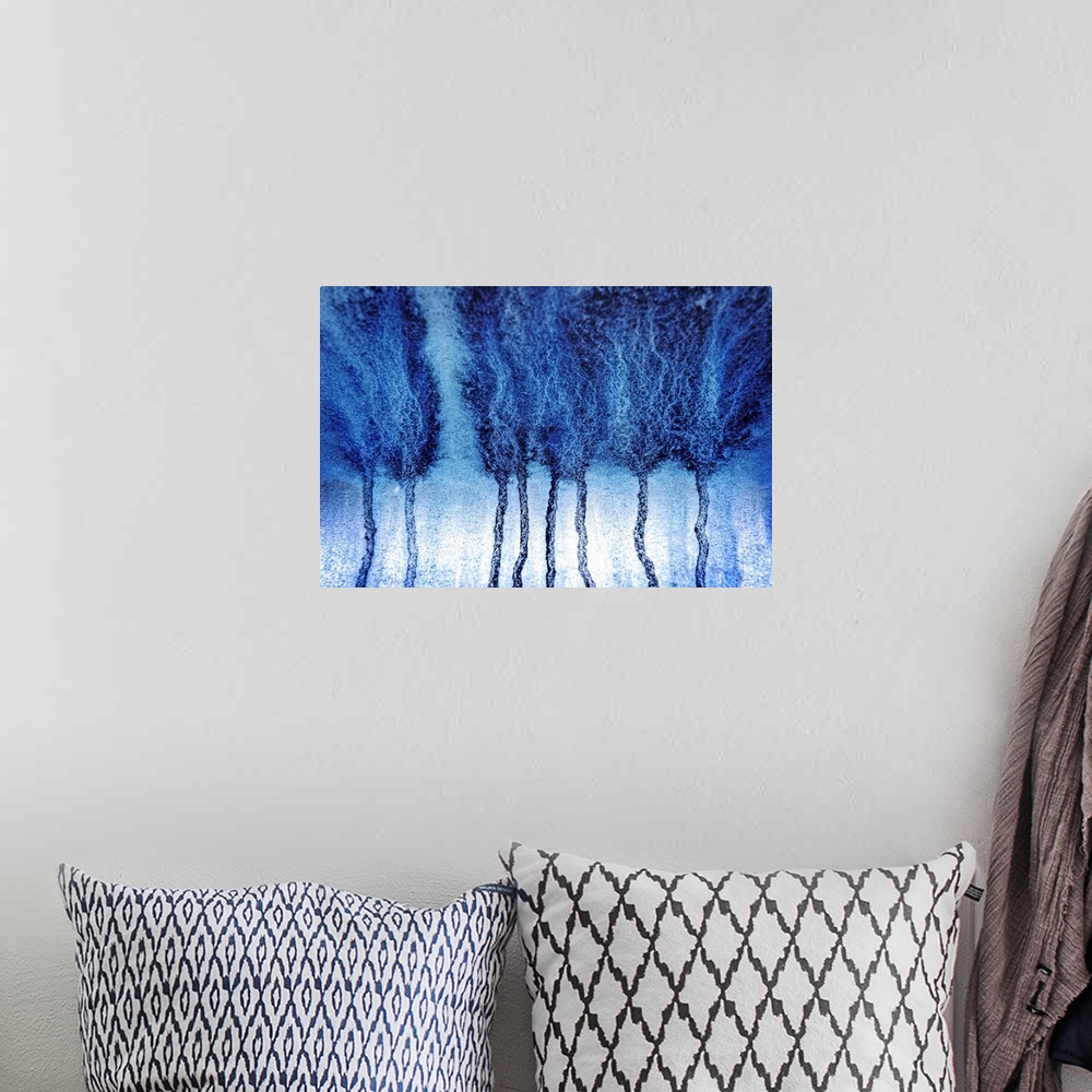 A bohemian room featuring Abstract artistic photograph of blue paint dripping down a surface.