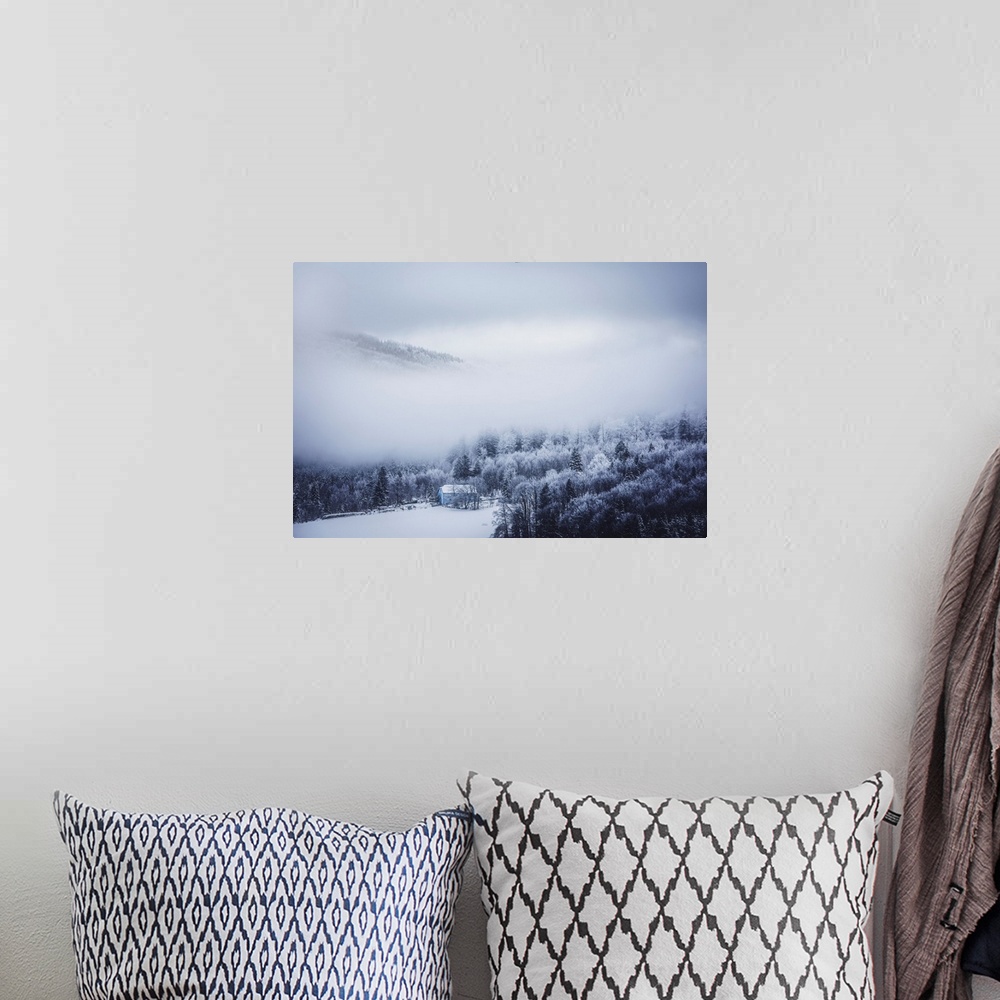 A bohemian room featuring Landscape of snow-covered fir trees in the middle of the mist