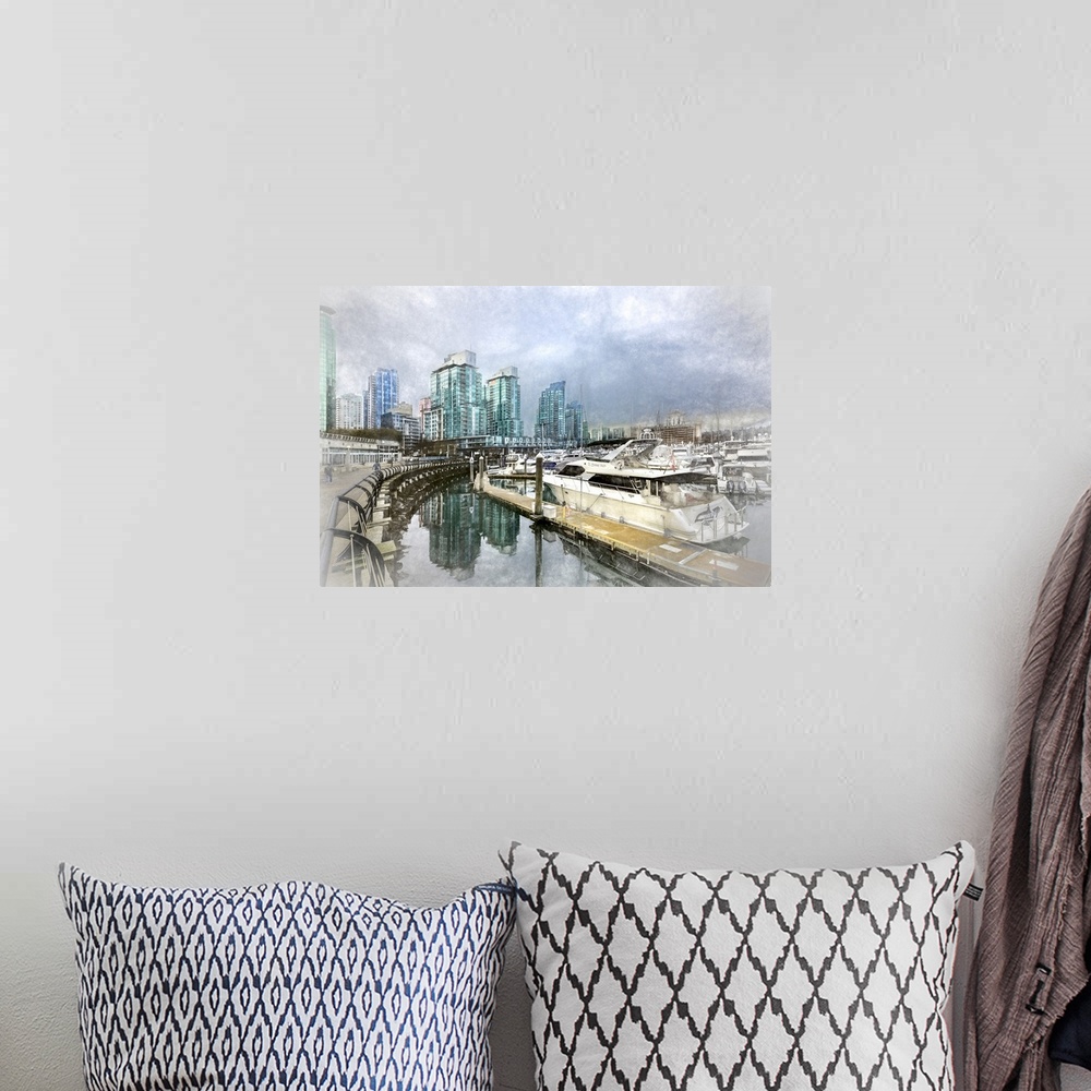 A bohemian room featuring An artistic photographic drawing of Coal Harbour in Vancouver, BC.